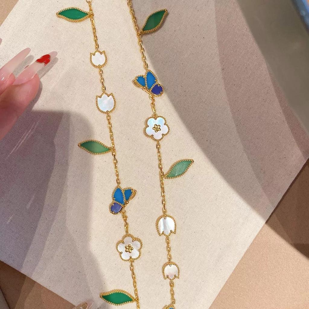 Pozłacana 18k Złotem Bransoletka Biedronka Niebieski Motyl Koniczyna Czterolistna Lekki Luksus Fritillary Zielony Liść Warstwowa Pięciokwiatowa Bransoletka 2026