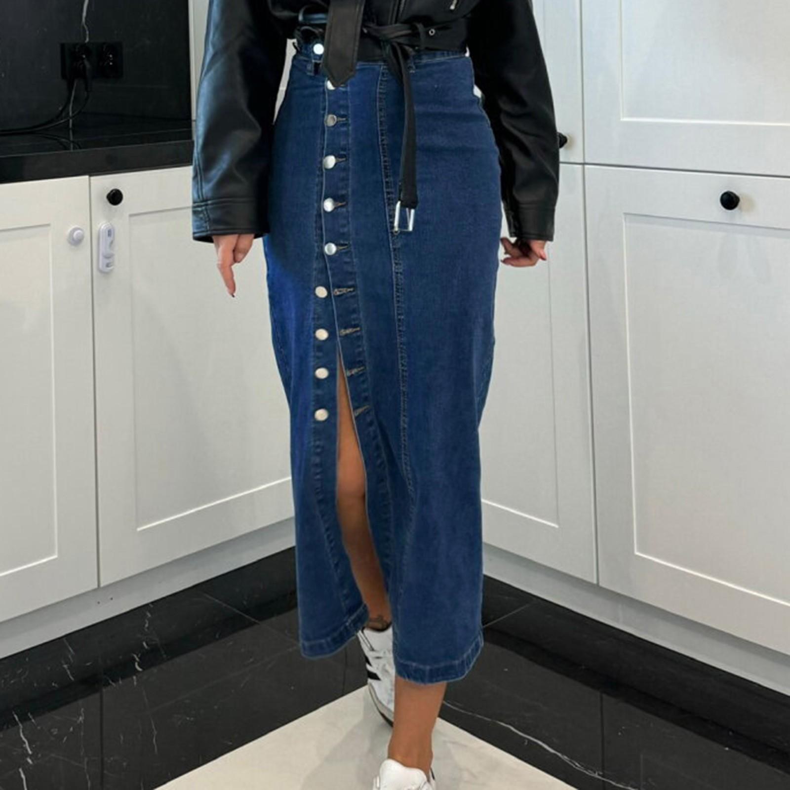 

Женская джинсовая юбка с застежкой на пуговицы и неровным разрезом, с высокой талией, сексуальная, узкая, с бедрами XXL