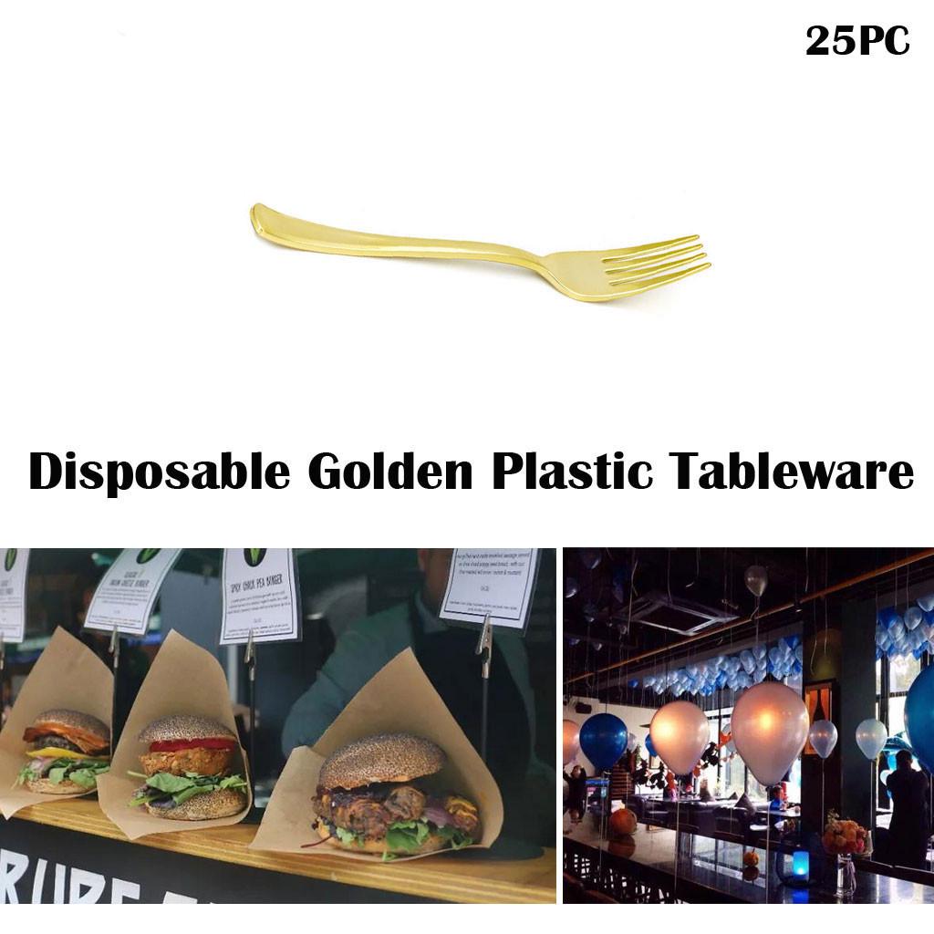 

Disposable Gold Color Plastic Tableware Cutlery Spoon Fork Set 25PC Hot Party M золотий