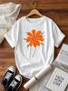 Women's White Sleeve T-Shirt with Orange Flower Print Fit Round Neck Casual Top Sleeve Blouse Summer Outfits Festival