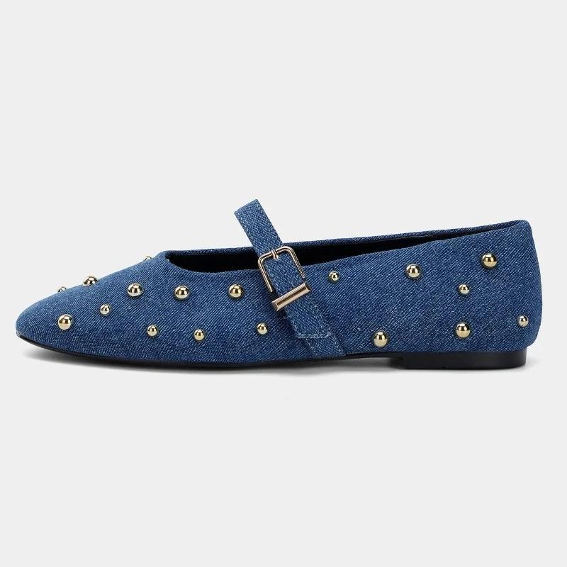 Fashion Fashion Round Toe Metal Rivets Ballet Flats Women Comfortable Shallow Buckle Mary Jane Shoes High Quality Blue Denim Flat Shoes