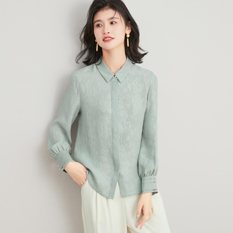 100% Mulberry Silk Crown Le Crepe Spring Thin Collar Jacquard Versatile Fashion Long Sleeve Women's Shirt