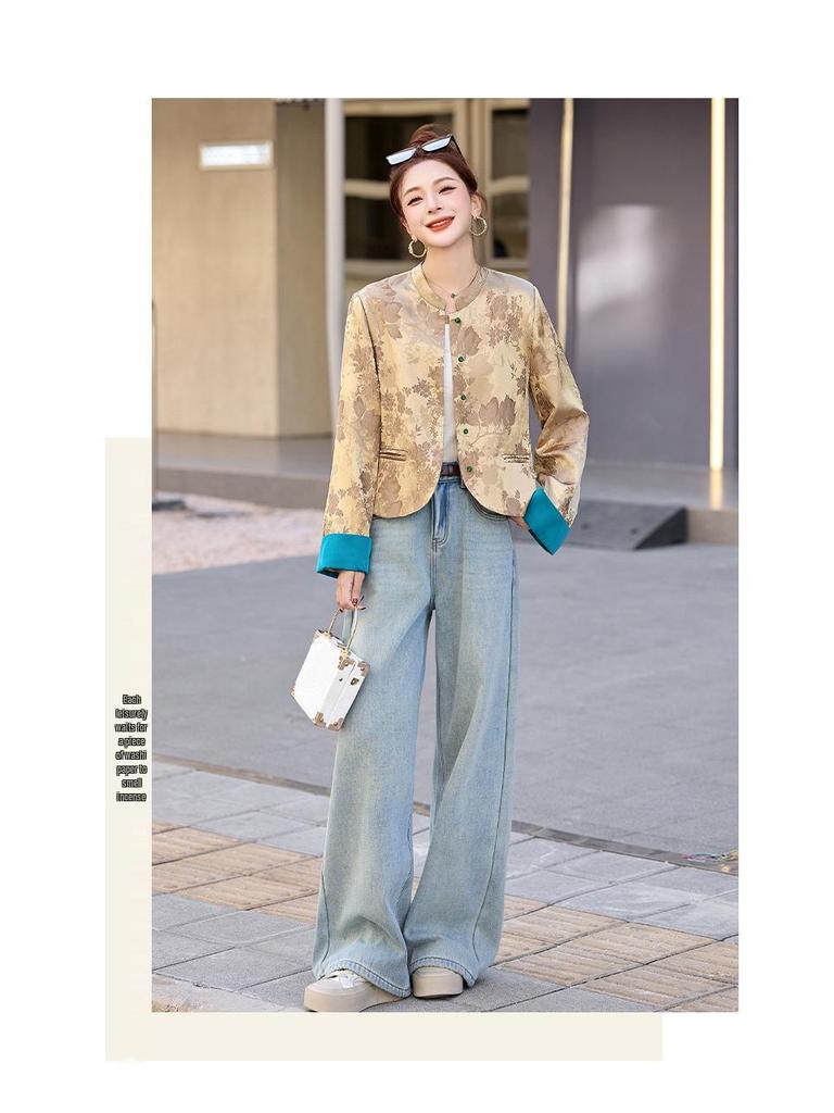 Spring 2025 Women's Slim Fit Colorblock Jacquard Jacket with Chinese Stand Collar & Retro Frog Buttons 