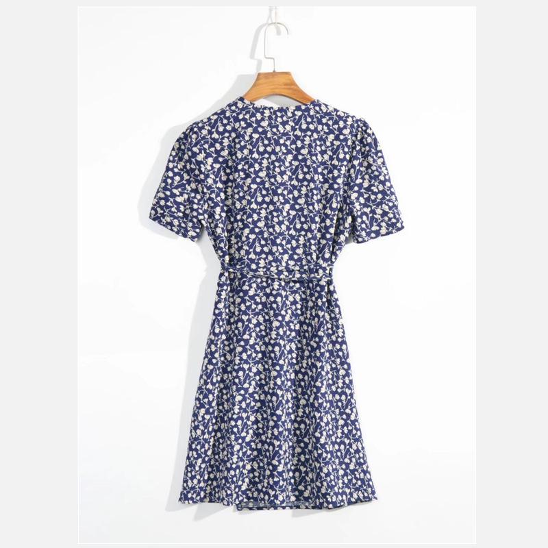 YPFF Summer V-Neck Tie-Waist Wrap Dress: Elegant Print Short Sleeve Skirt