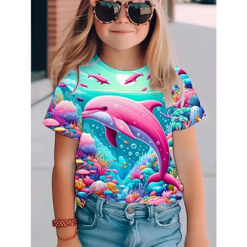 Summer Round Neck 3D Printed Top Fashionable Casual Short Sleeved Children's Girl T-shirts