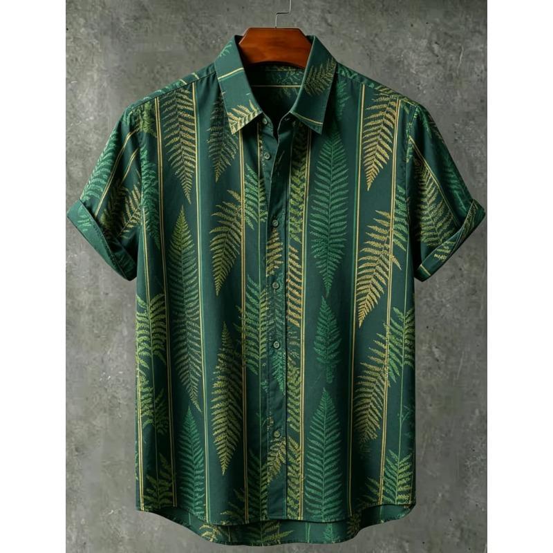 Fresh Forest Vertical Stripe Plant Flower Printed Short Sleeve Shirt for Men's Summer Thin and Loose Hawaiian Vacation Shirt