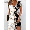 Women Dresses Summer Pullover Short Sleeve Plus Size Dress Casual Trend Loose V-Neck Ladies Contrast Color Flower Print Clothing