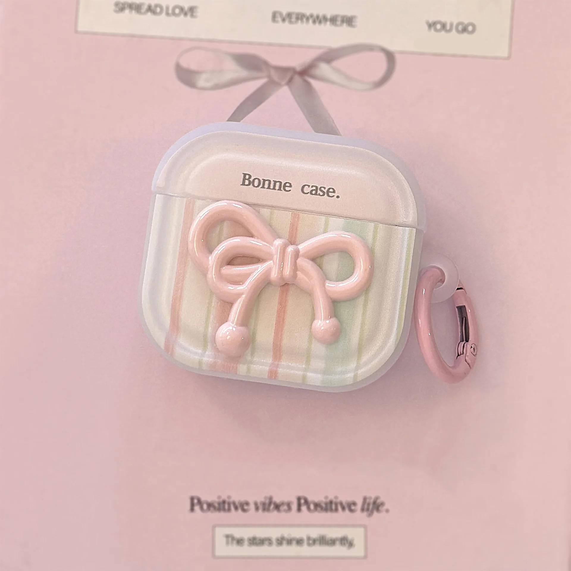 

Korean Striped 3D Bowknot Wireless Earphone Case for AirPods Pro 3 2 Headset Protective Cover For AirPods 4 3 2 1 With Keychain airpods 1 2