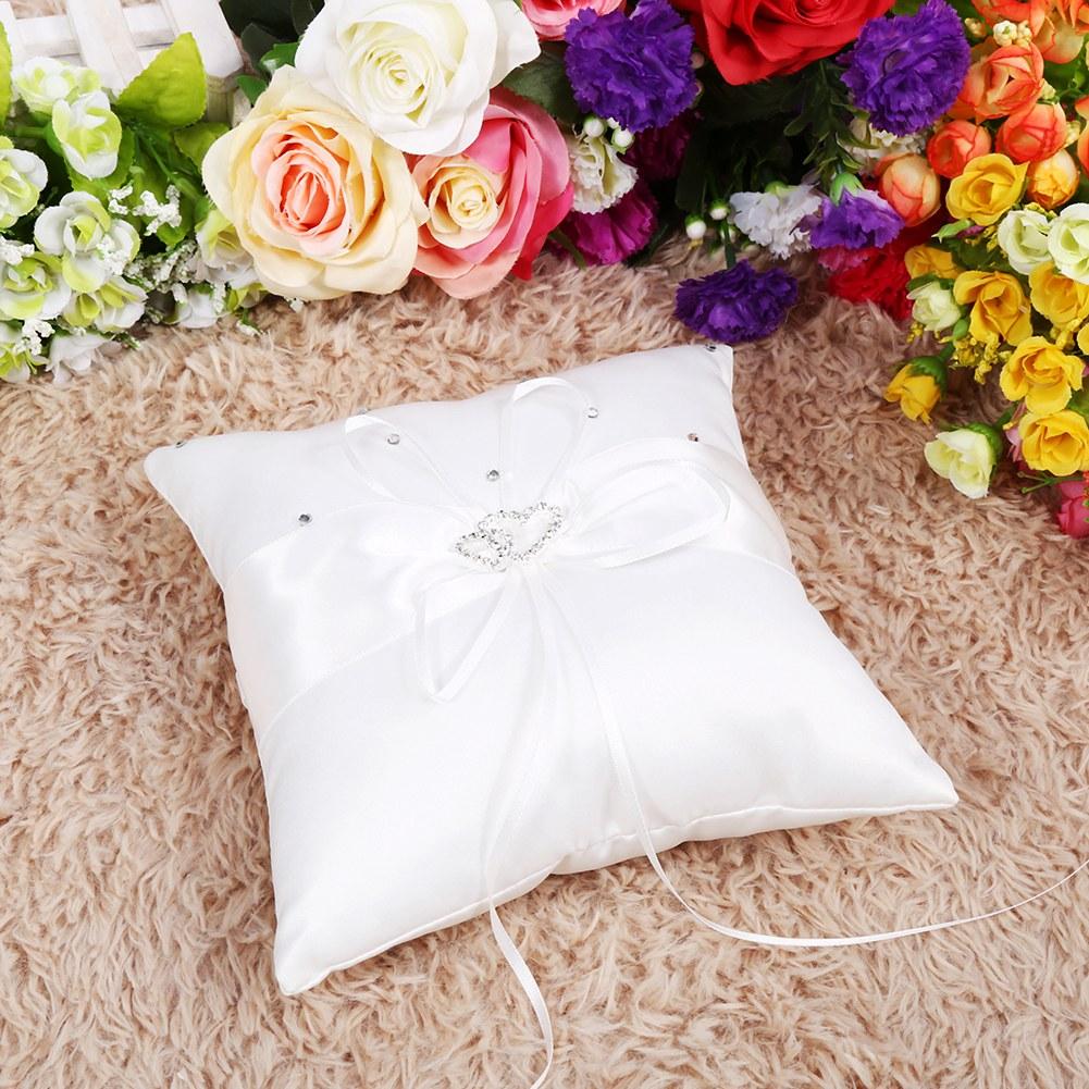 4 Colors Wedding Ring Bearer Holder Pillow Cushion With Bowknot Stain Double Hearts Diamonds