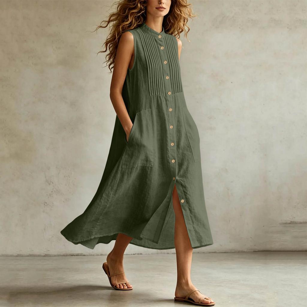 Women's Casual Sleeveless Button Front Color Neck Pocket Dress