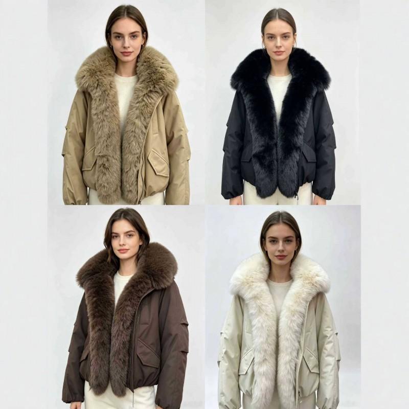 Womens Short Puffer Coat With Detachable Faux Fur Collar Loose Warm Cotton-Padded Jacket Winter