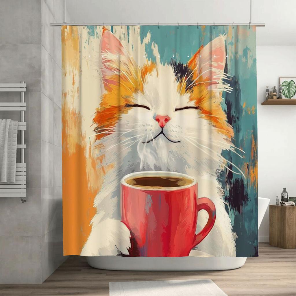 Cute Cat with Coffee Cup Design Waterproof Shower Curtain Heat Resistant Machine Washable Non-Transparent 180x180cm