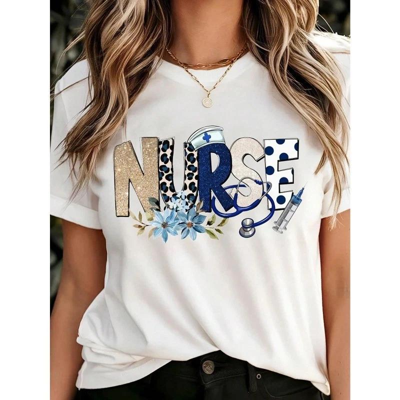 T-Shirt With Colorful Nurse Print And Floral Design XXXL