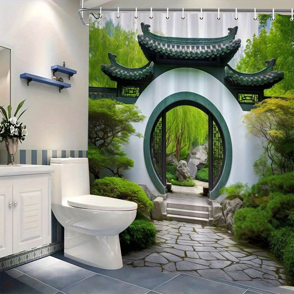 Waterproof Shower Curtain with Traditional Chinese Garden Design for an Elegant and Cultural Bathroom Decor Experience
