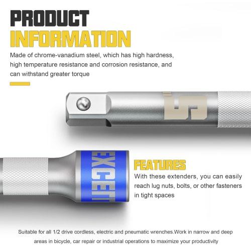 Faxdrts Extension Bar, 12.7mm (1/2 Inch) Drive Extension Socket Bar Set, 75mm, 125mm, 250mm Socket Adapter, Extension Bar, Extension Rod, Joint Bar