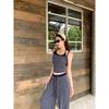 Kumikumi Retro Set Stripe Fake Two Pieces Halter Top Women Summer Drape Drawstring Casual Pants Two-piece Set