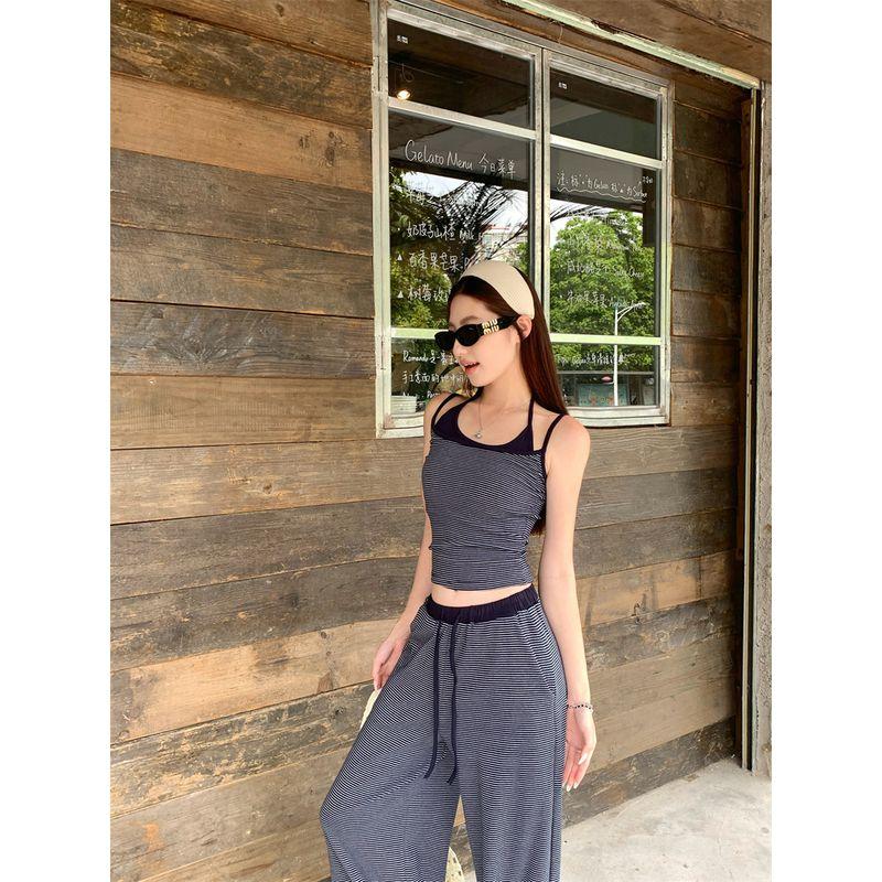 Kumikumi Retro Set Stripe Fake Two Pieces Halter Top Women Summer Drape Drawstring Casual Pants Two-piece Set