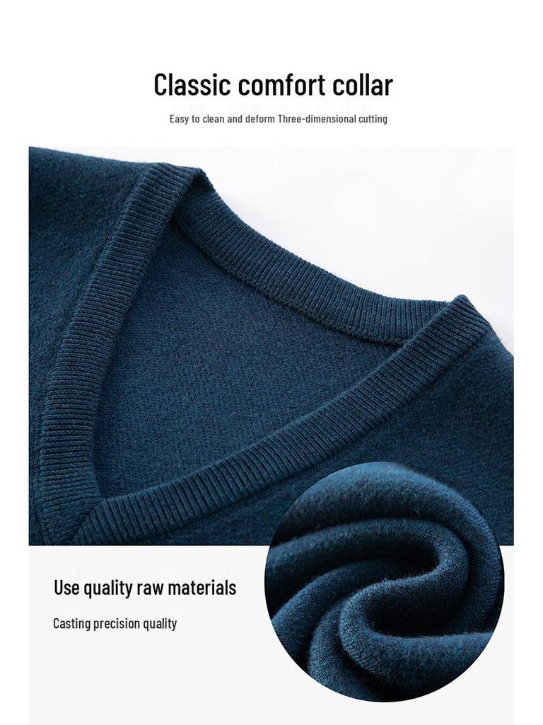 Men's V-Neck Wool Knit Vest - Autumn/Winter Solid Color, Middle-Aged & Elderly Style