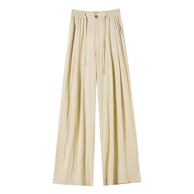 Pantalones de Verano para Mujer de Cintura Alta y Pierna Ancha: Ligero, Texturizado, Casual de Mezcla de Lino Estilo Japonés
