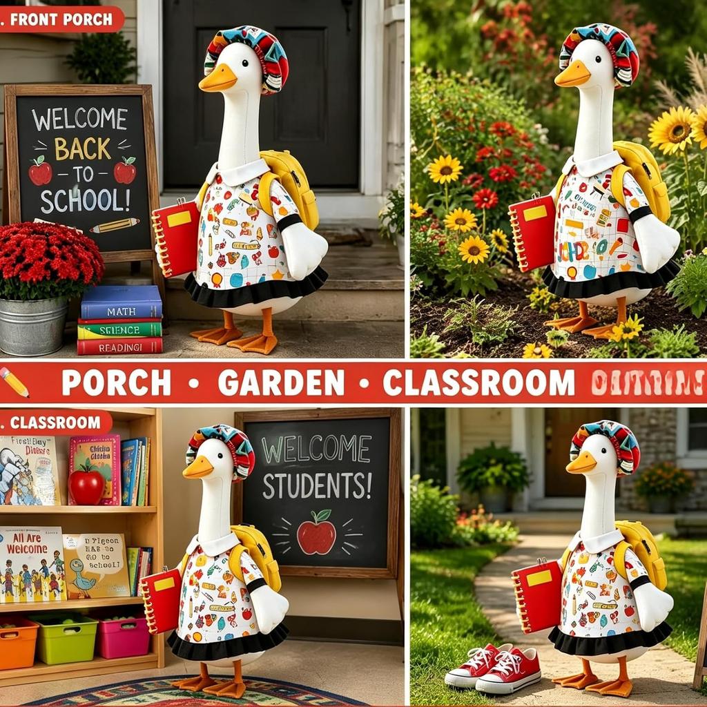 23-Inch Porch Goose Costume with Back to School Theme Printed Dress Hat Backpack Pencil Set for Outdoor Garden Yard Lawn Decoration