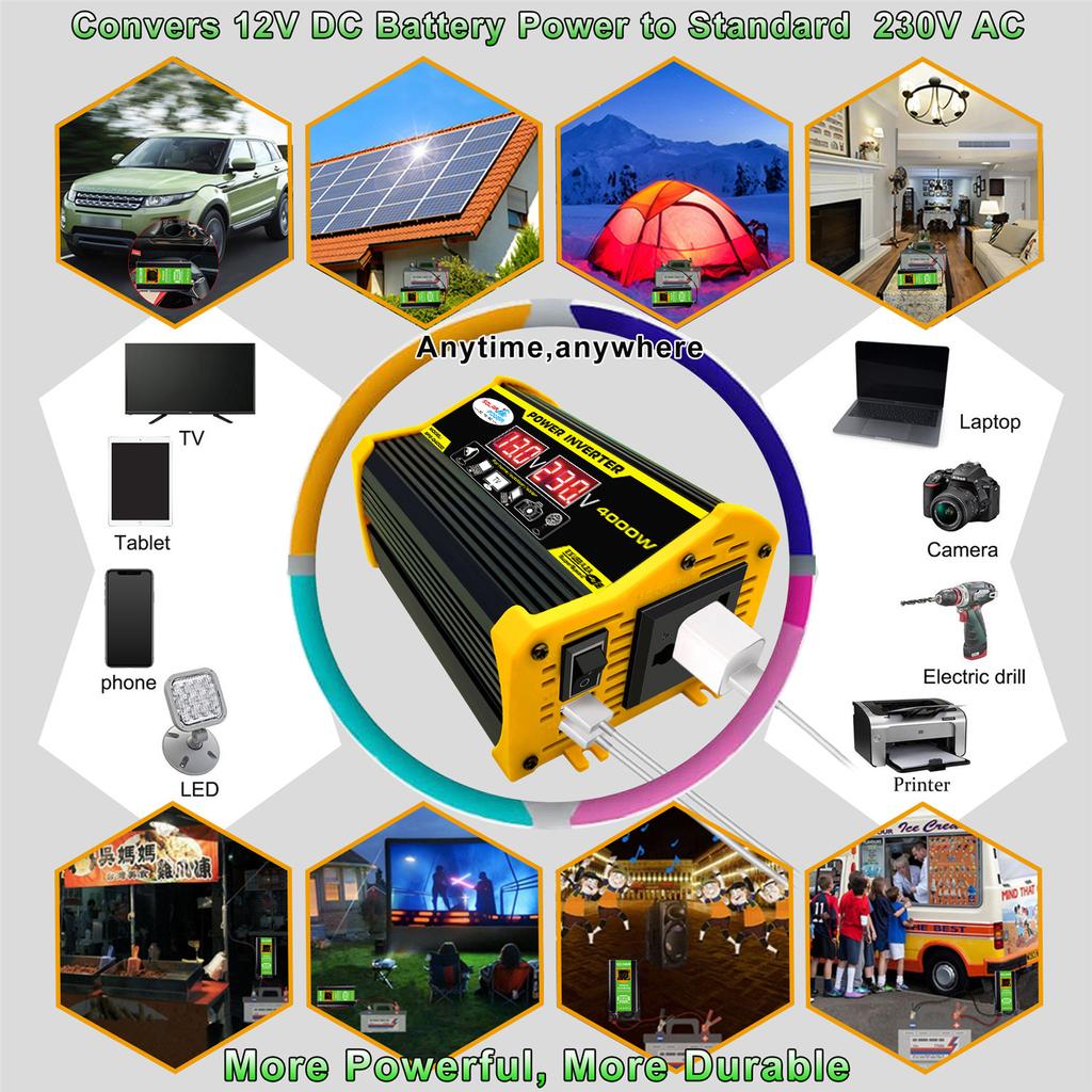 Giallo QWLHZW Mostra 110V LED//Peak 4000W 12V a 220V Car Power Inverter convertitore Adattatore Dual USB trasformatore di Tensione Onda di Seno modificata Color Name : 12V to 110V Black