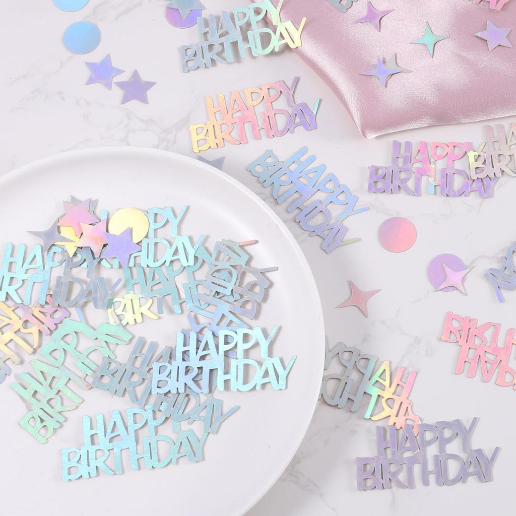 BOXOB 280pcs Iridescent Confetti - Happy Birthday, Circle, Star Shapes - Paper Material - Perfect for Birthday Parties & DIY Crafts