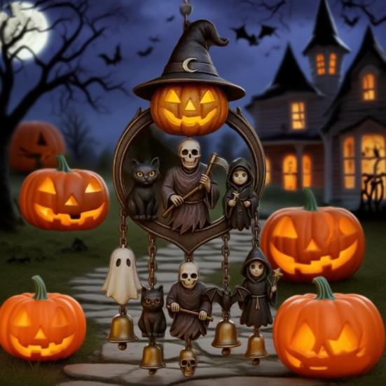 Halloween Gothic Wind Chime Spooky Bell Chime with Pumpkin Lantern Grim Reaper Ghost Black Cat for Porch Window Home Decor