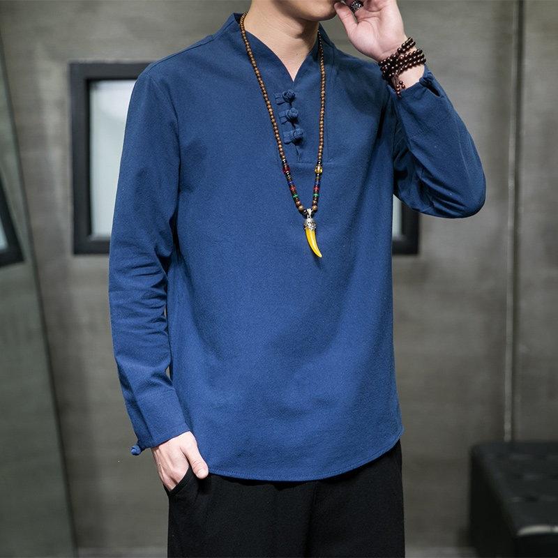 Mens Chinese Style Cotton Linen Stand Collar Long Sleeve Shirt