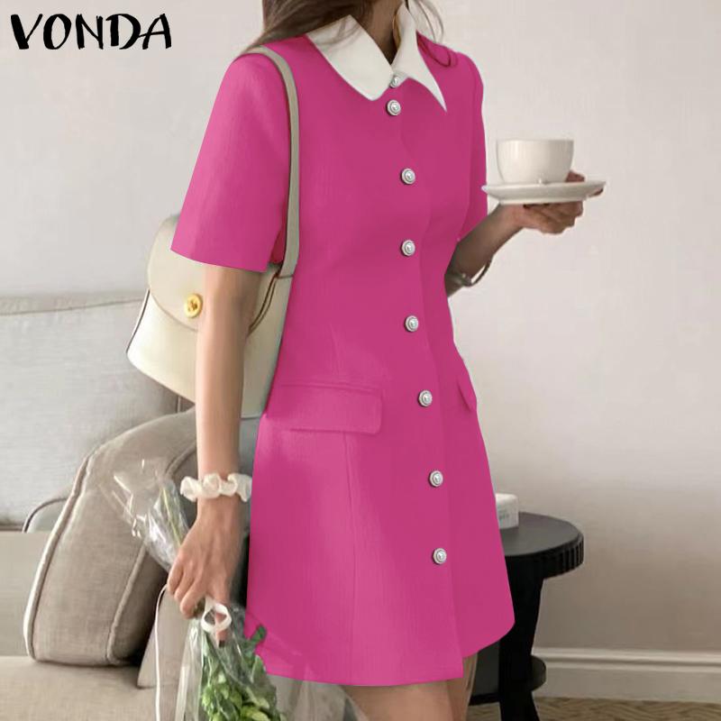 VONDA Rochie Elegantă de Birou pentru Femei, Mânecă Scurtă, Cusături, Culoare Solidă, Talie Cambrată, Elegantă