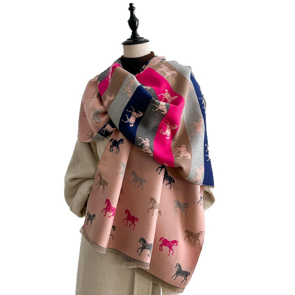 Autumn And Winter Warm Imitation Cashmere Scarf Women'S Double-Sided Cute Cartoon Horse Color Matching Thickened Scarf Empty Shawl