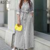 ZANZEA Women Turn Down Collar Casual 3/4 Sleeve Loose Stripe Dress