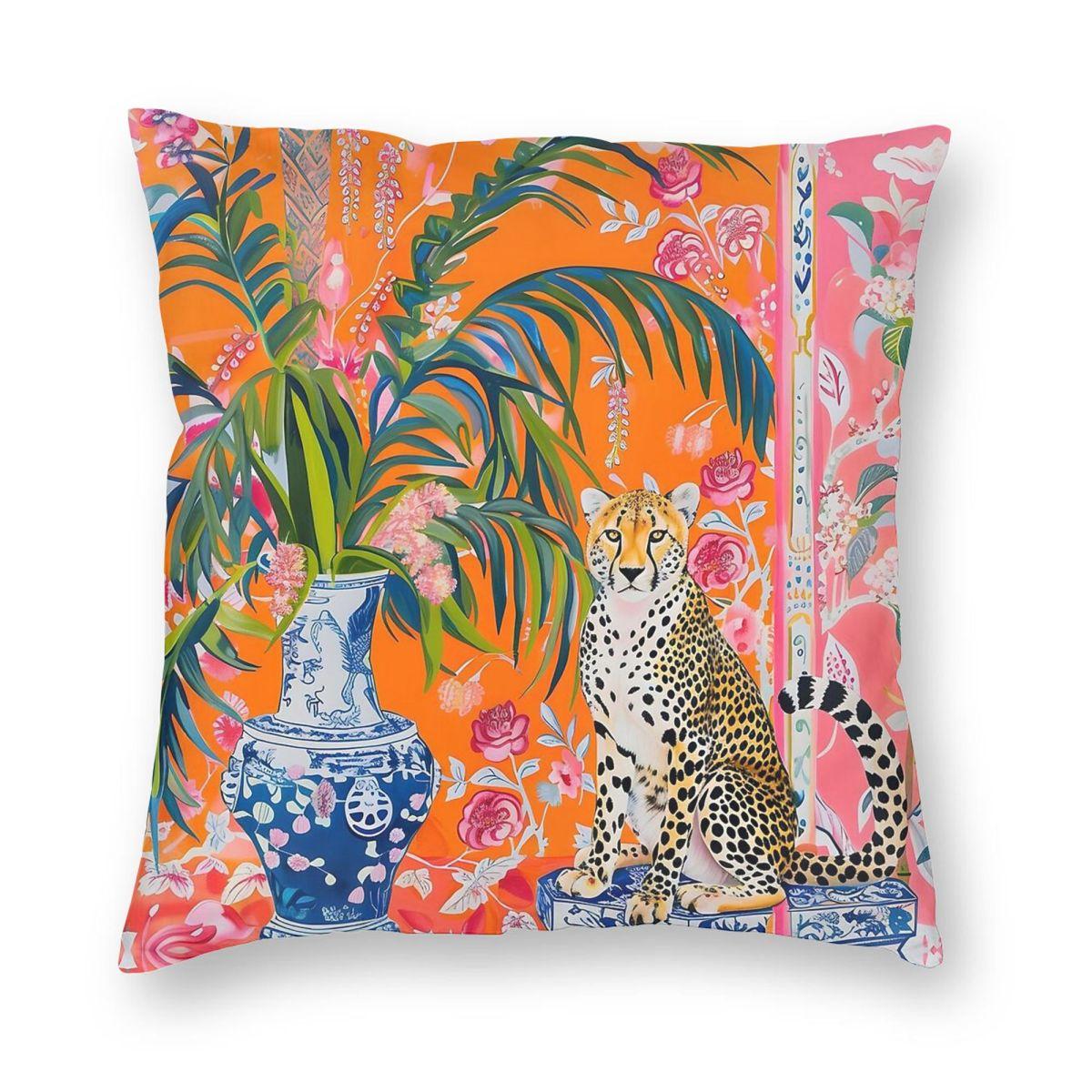 

Cheetah Ginger Jar Palm Leaves Square Pillowcase Polyester Linen Velvet Creative Zip Decorative Pillow Case Bed Cushion Cover 12x12Inch