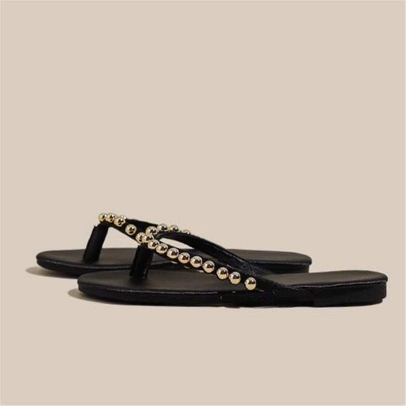 Spring and Summer Footwear Plus Size Retro Solid Color Sandals Flat Toe Rhinestone Women's Shoes Sandals Slippers.