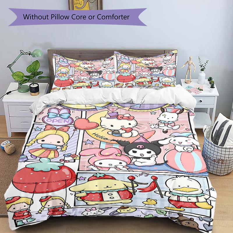 3pcs Friendship and Fun Hello Kitty and Friends Printed Quilt Set Soft and Comfortable Quilt Cover for Bedroom, Guest Room Bedding Set S022