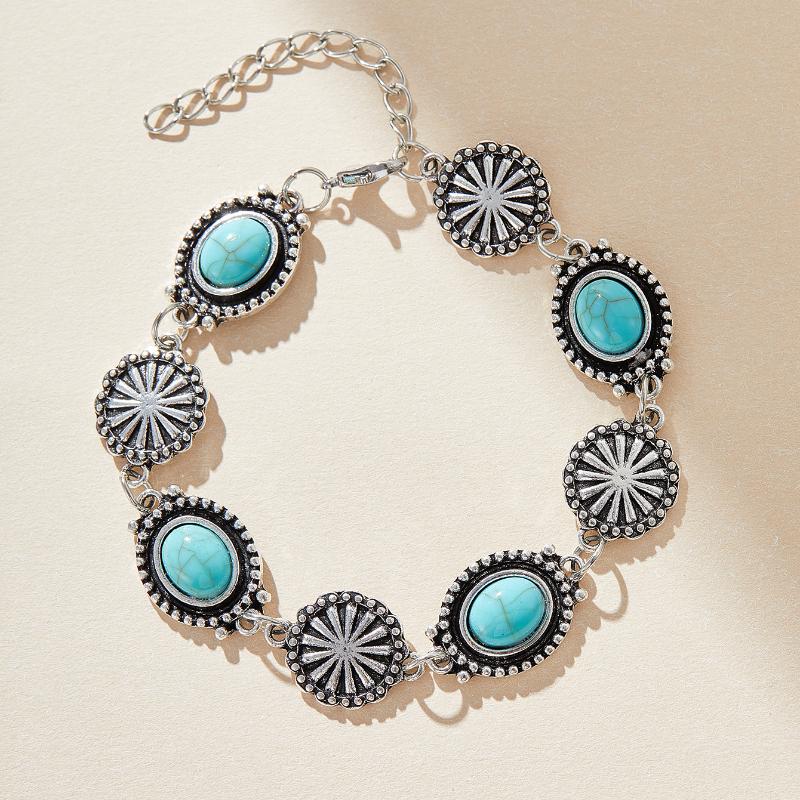 Boho Imitation Turquoise Long Pendant Necklaces Chest Chain Bracelet Set For Women Punk Cuban Link Clavicle Chain Body Jewelry