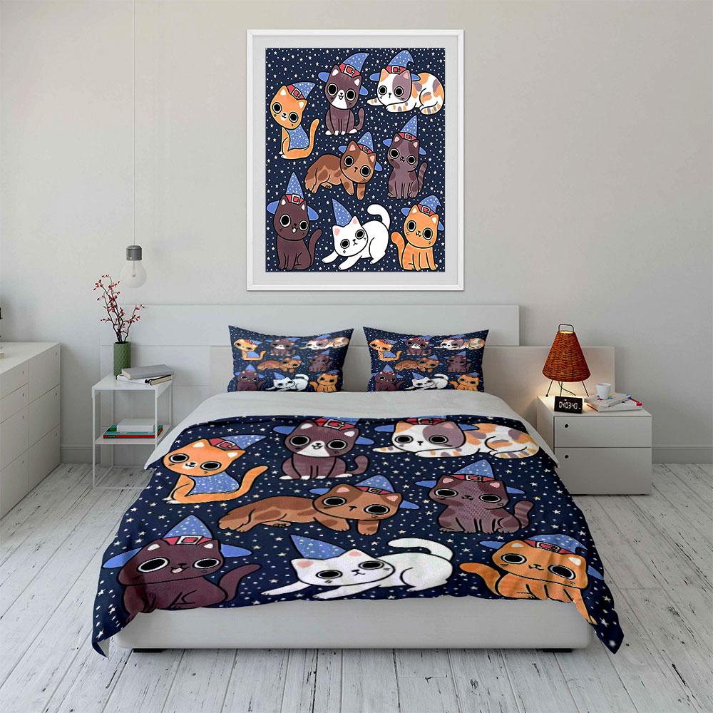 Cute Cartoon Cats Halloween Decor Bedding Set with 1 Duvet Cover 2 Pillowcases Single Double King Queen, Gift
