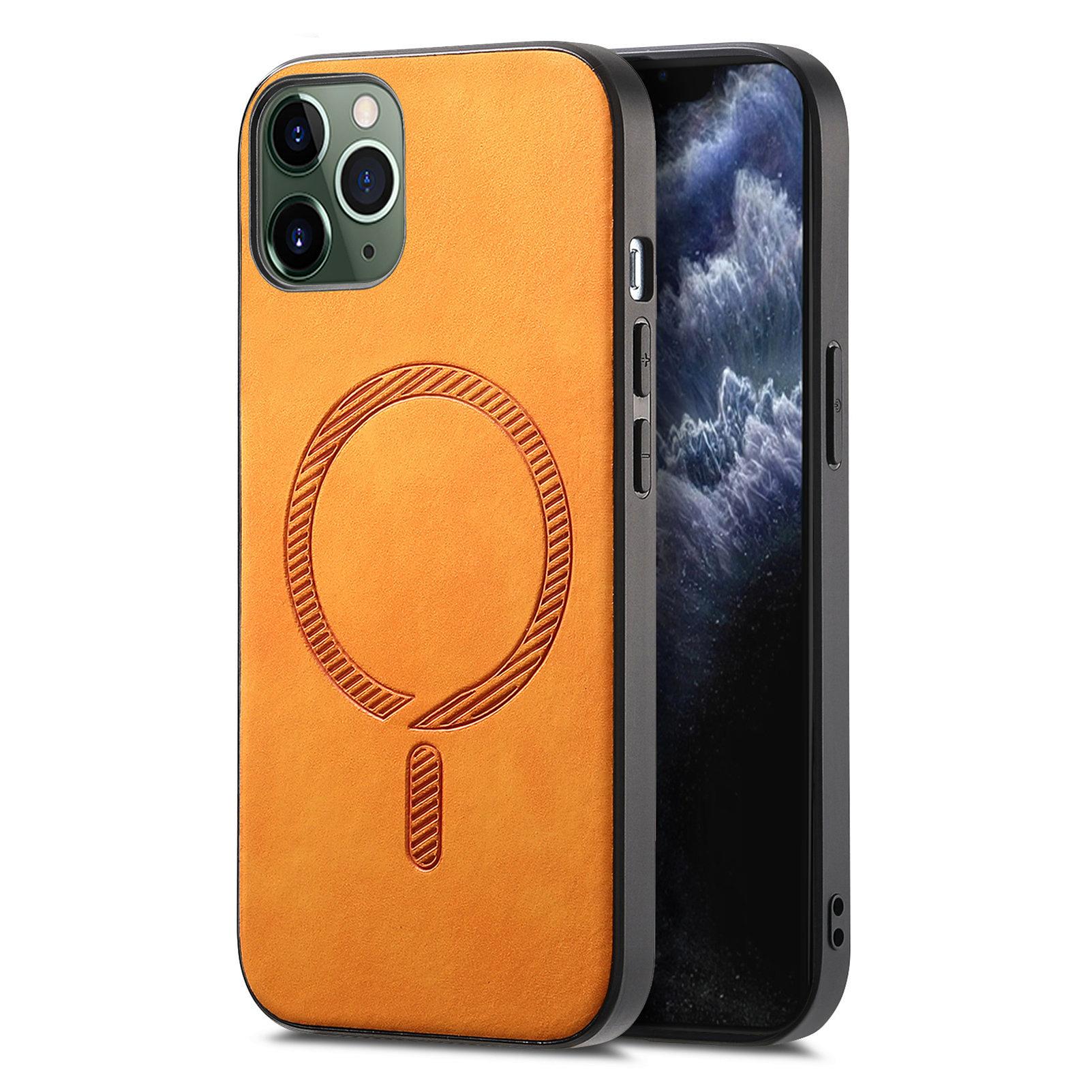 

For iPhone 11 Pro Max Leather Back Case Compatible with MagSafe Skin-touch Phone Cover Yellow