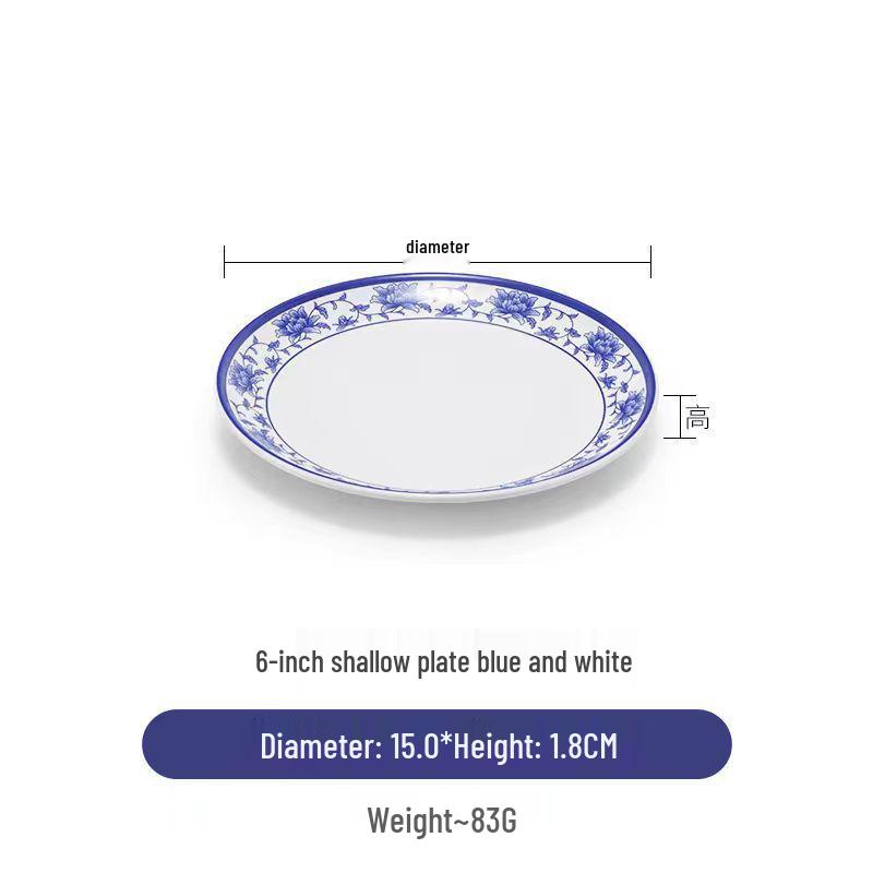 Blue & White Melamine Porcelain-Look Round Plate: Thickened, Durable for Stir-Fry, Rice, and Restaurant Use