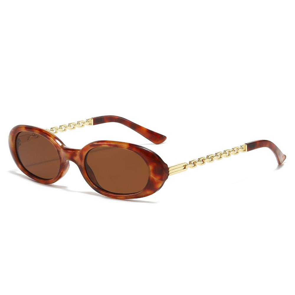

2025 Retro Leopard Print Small Frame Oval Women Sunglasses Personality Brand Chain Temple Design Trendy Men Sun Glasses UV400 as picture