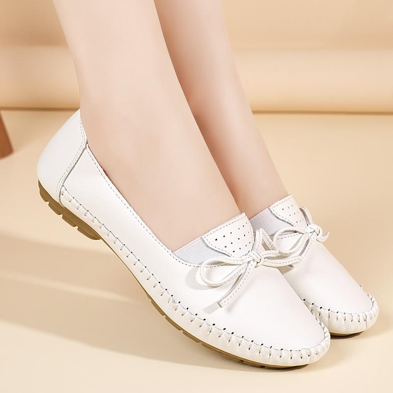 Women's White Leather Driving Moccasins Grey Flats Casual Slip On Plus Size Walking Summer Maternity Shoes