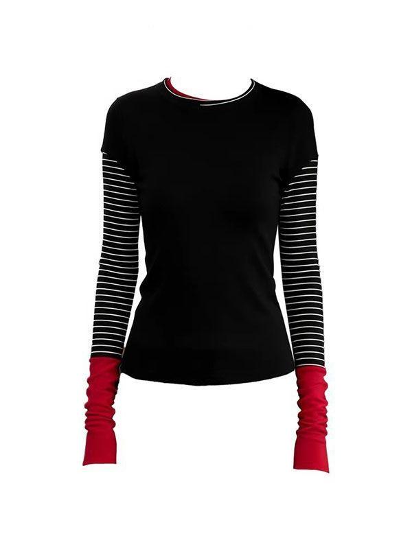

Autumn Winter Retro Stripe Patchwork Slimming Long Sleeve T-Shirt for Women Large чорний