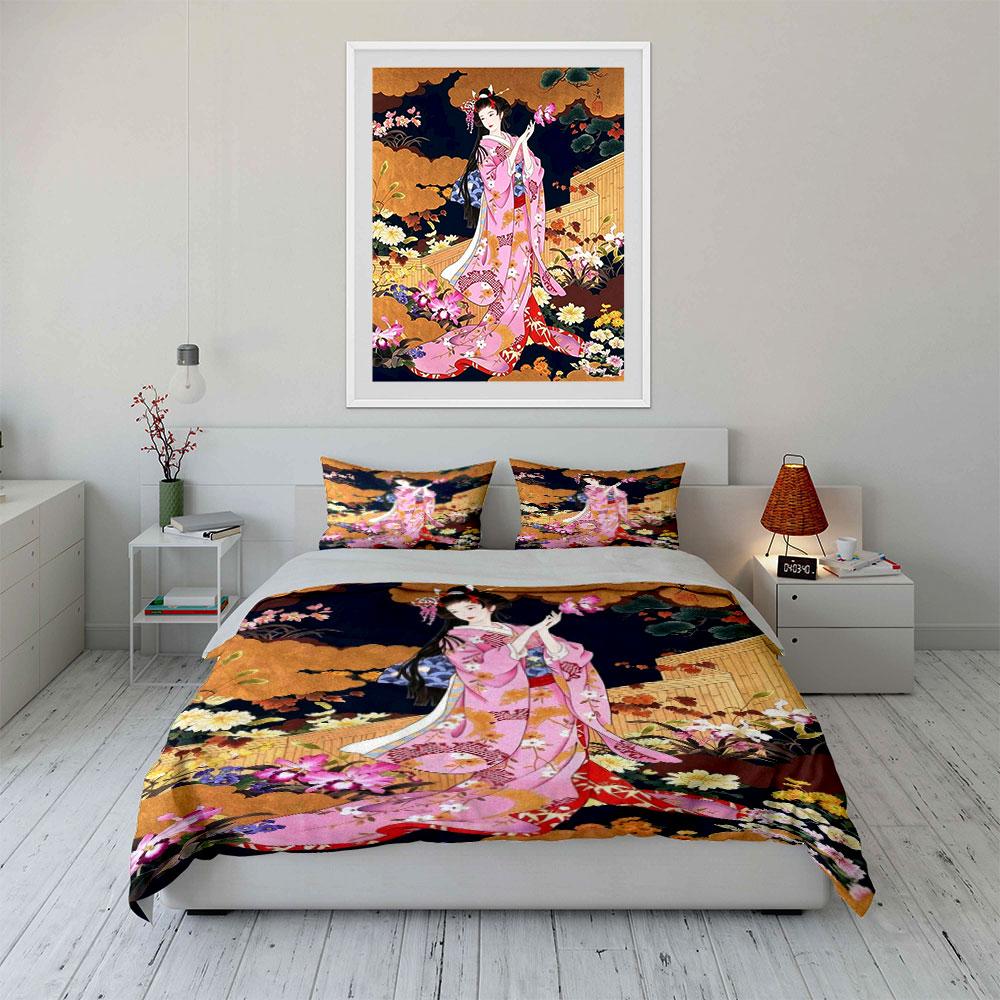 Japanisches Ukiyo-e Rosa Kimono Geisha Floral Bettwäsche-Set 3tlg. Vintage Orientalische Dame Orchideen-Druck 1 Bettbezug und 2 Kissenbezüge