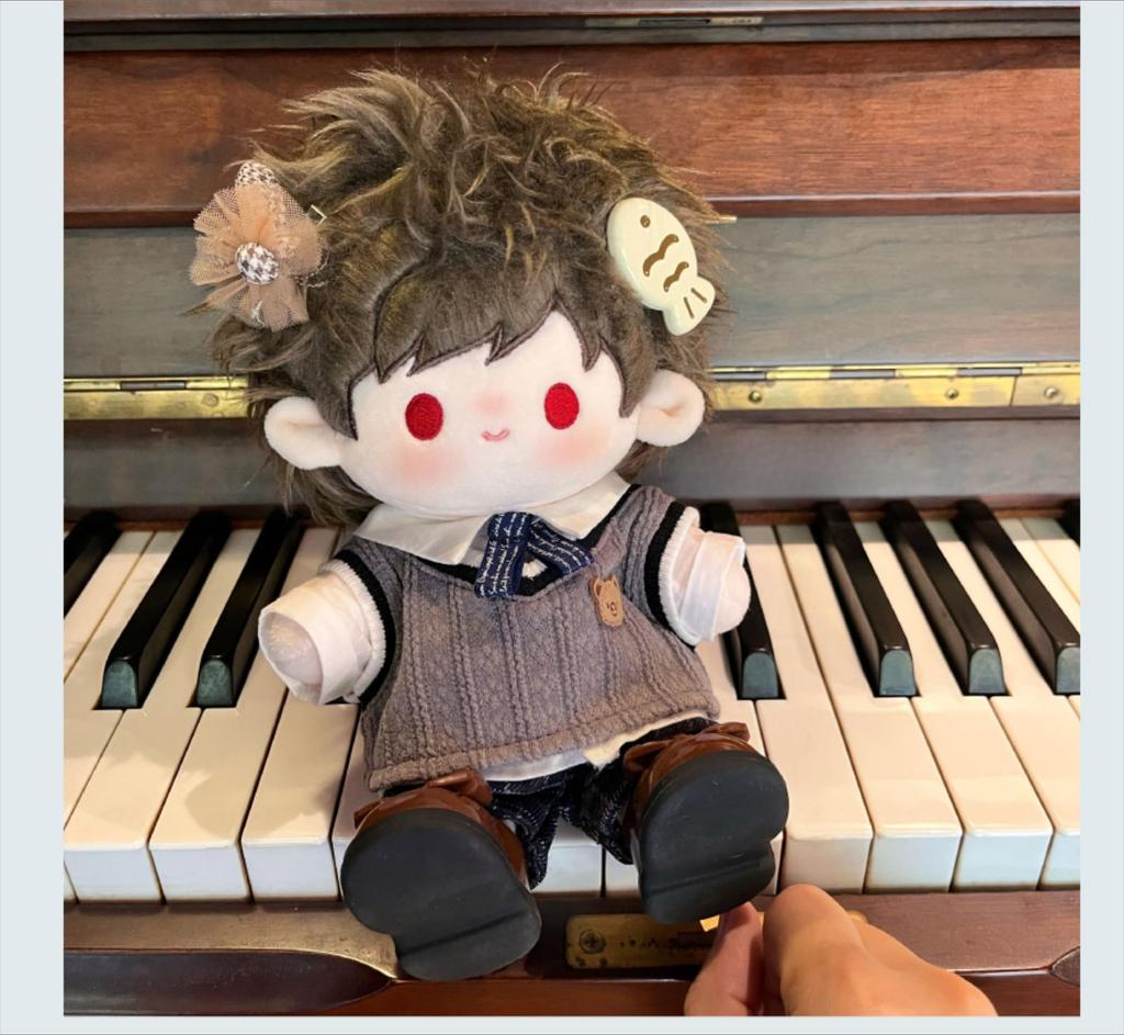 20cm Plush Doll Clothes, Handmade, Stuffed Doll Clothes, 4-Piece School-Style Plush Outfit Set: Vest, Shirt, Ribbon, and Pants (Gray, 20cm) [Used]