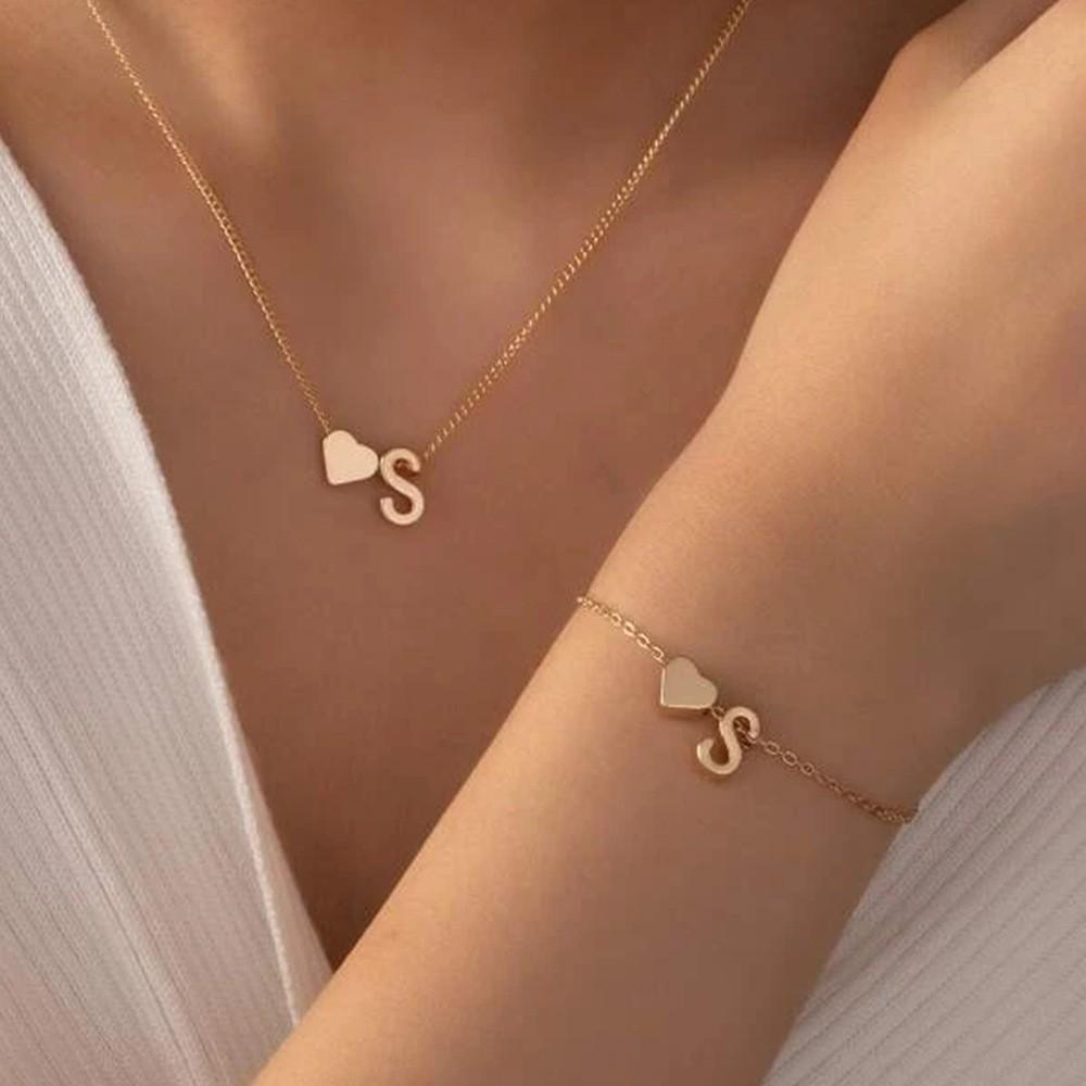 Retro Metal Heart 'M' Necklace & Bracelet Set for Women - European & American Letter Jewelry