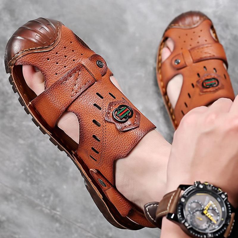 Baotou sandals men's leather casual beef tendon sole first layer cowhide beach shoes dual-purpose driving wear-resistant non-slip dad shoes