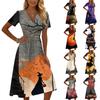 Women Casual Halloween Print V Neck Short Sleeve Dress Midi Length A Line Silhouette Comfortable Fit
