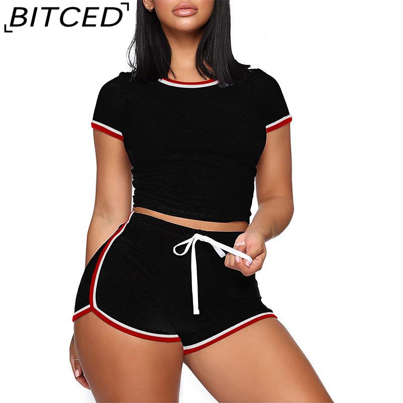 BITCED Summer Plus Size Women's Solid Colour Patchwork Short-Sleeved Casual Two-Piece Set