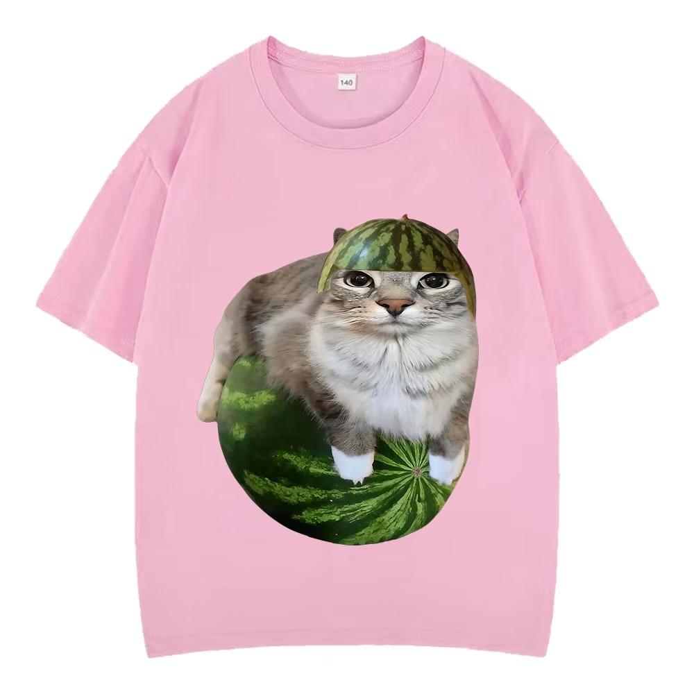 Watermelon Cat Silly Cat Funny Meme T Shirts Unisexs Unisex Clothing Casual Pure Cotton Tshirt Fashion Tshirts Streetwear