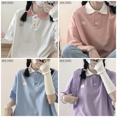 HOUZHOU Polo T-shirt Girl Summer Japanese Cute Print Bear Embroidery Loose Short Sleeve Preppy Style