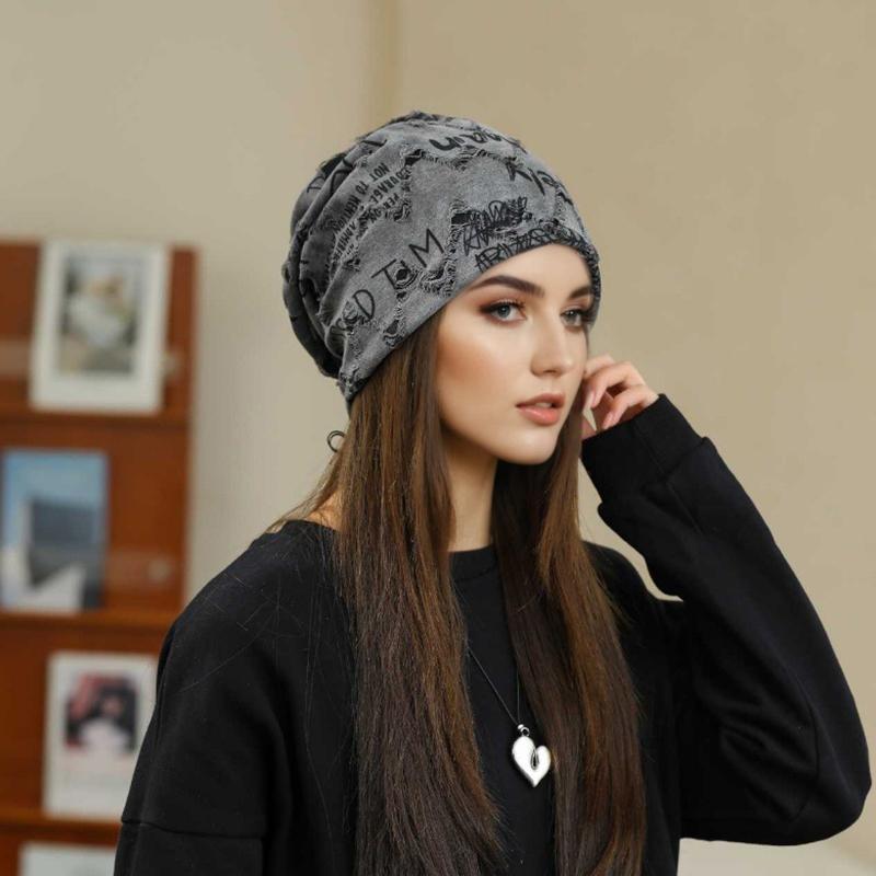 1 PC thin oversized knitted chic pile cap casual printed loose letter fashionable hat 55-59cm